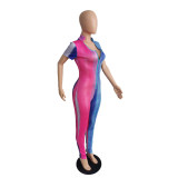 Women's Multi-Color Printed Slim Fit Sexy Short Sleeve Zip Jumpsuit