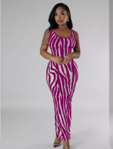 Summer Women's Zebra Print Sleeveless Hollow Long Dress