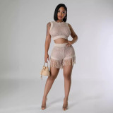 Women knitting Crochet hollow tassel sexy Top and shorts two-piece set