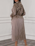 Plus Size African Women Striped Turndown Collar Loose Long Sleeve Shirt Dress