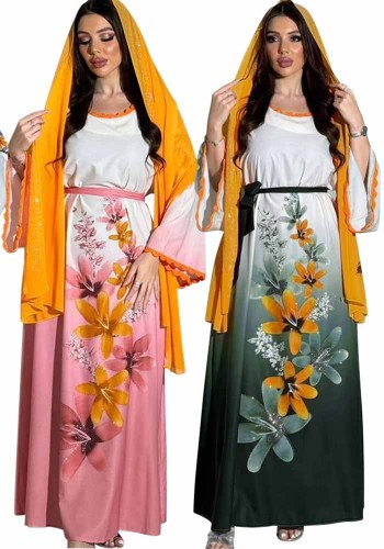 Women Beaded Printed Muslim Dresses Dubai Arabian Abayas