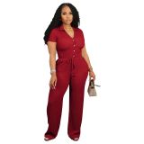 Women short-sleeved loose pleated v-neck shirt and trousers two-piece set