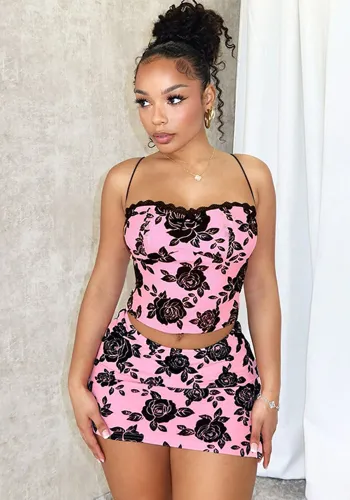 Women Rose Printed Suspender and Sexy Mini Skirt Two-piece Set