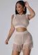 Women knitting Crochet hollow tassel sexy Top and shorts two-piece set