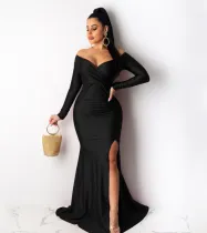 Women Sexy V-Neck Dress Solid Slit Long Sleeve Maxi Dress