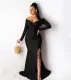 Women Sexy V-Neck Dress Solid Slit Long Sleeve Maxi Dress