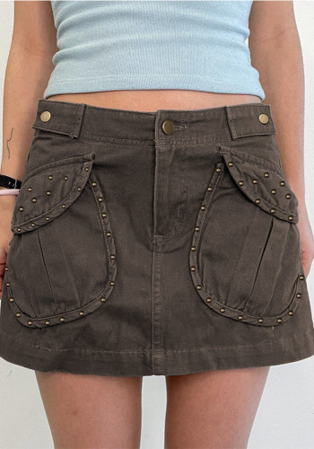 Women Beauty Street Retro Rivets Pockets Denim Skirt