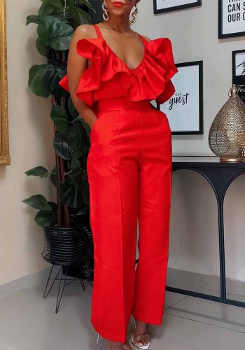 African Women summer v-neck ruffle suspender top trousers two-piece set