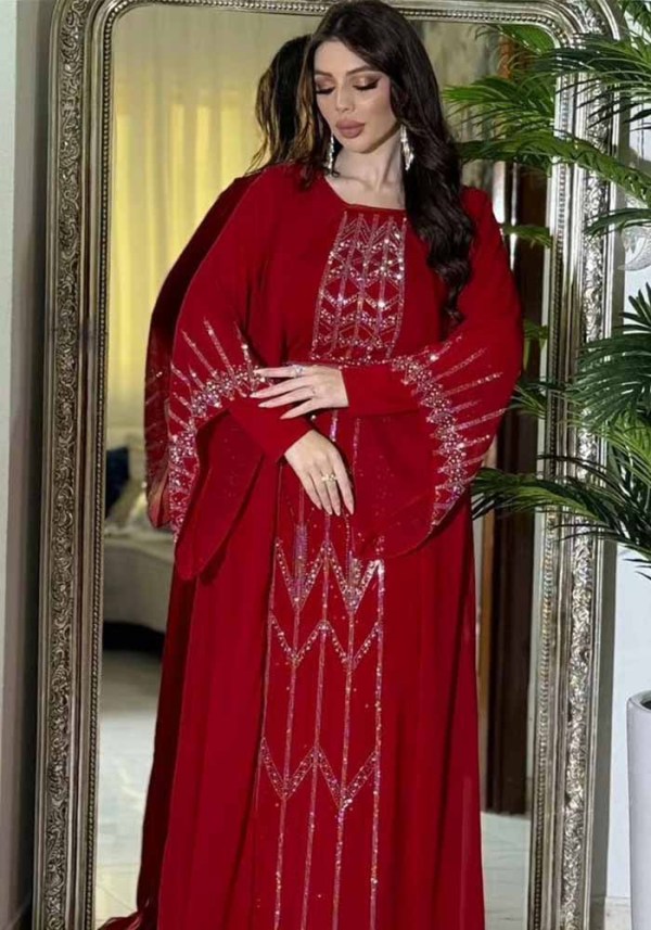 Women Muslim Beaded Fake Two Piece Chiffon Patchwork Belted Robe