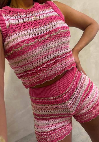 Summer Women striped sweater shorts two-piece set