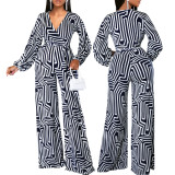 Women Sexy Printed Long Sleeve V-Neck Jumpsuit