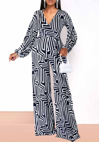 Women Sexy Printed Long Sleeve V-Neck Jumpsuit
