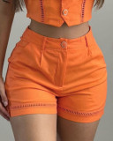 Women hollow lace sleeveless short vest and shorts two-piece set