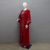 Women Muslim Beaded Fake Two Piece Chiffon Patchwork Belted Robe