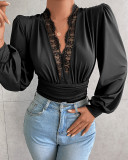 Women black v-neck lace bodysuit