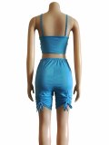 Women Drawstring Pleats Sexy Solid Tank Top and Shorts Two-Piece Set