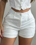 Women hollow lace sleeveless short vest and shorts two-piece set