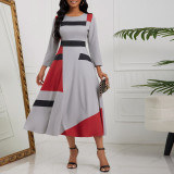 Plus Size Women's Round Neck Printed Patchwork Three Quarter Sleeve A-Line Maxi Dress