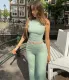 Summer Low Back Tight Fitting Sleeveless Tank Top High Waist Solid Color Bell Bottom Pants Two Piece Set