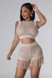 Women knitting Crochet hollow tassel sexy Top and shorts two-piece set