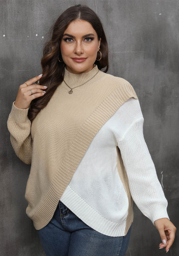 Plus Size Women's Autumn Winter Pullover Tops Contrast Color Patchwork Crossover Woven Sweater