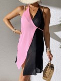 Hollow Blouse Cover-Up Women's Contrast Color Patchwork Sexy Halter Neck Lace-Up Irregular Dress