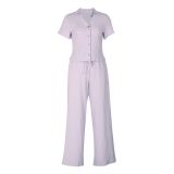 Women short-sleeved loose pleated v-neck shirt and trousers two-piece set