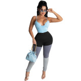 Spring Summer Women's Multicolor Patchwork Strap Sexy Jumpsuit