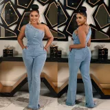 Slash Shoulder Slim Fit Stretch Washed Bell Bottom Denim Jumpsuit