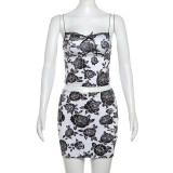 Women Rose Printed Suspender and Sexy Mini Skirt Two-piece Set