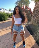 Summer Women's Denim Shorts Ripped Loose High Waist Knee-Length Shorts