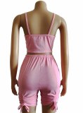 Women Drawstring Pleats Sexy Solid Tank Top and Shorts Two-Piece Set