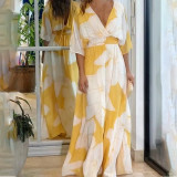 Spring Summer Women's Fashion Chic Printed V-Neck Low Back Maxi Dress