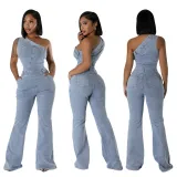 Slash Shoulder Slim Fit Stretch Washed Bell Bottom Denim Jumpsuit