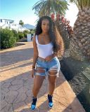 Summer Women's Denim Shorts Ripped Loose High Waist Knee-Length Shorts
