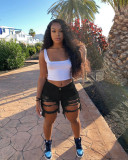 Summer Women's Denim Shorts Ripped Loose High Waist Knee-Length Shorts