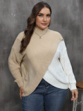 Plus Size Women's Autumn Winter Pullover Tops Contrast Color Patchwork Crossover Woven Sweater