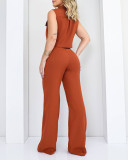 Women Pocket Vest + Straight Pants Two-piece Set