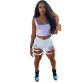 Summer Women's Denim Shorts Ripped Loose High Waist Knee-Length Shorts