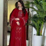 Women Muslim Beaded Fake Two Piece Chiffon Patchwork Belted Robe