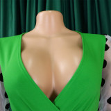 Women Summer mesh flocked puff sleeves V-neck Bodycon dress