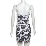Women Rose Printed Suspender and Sexy Mini Skirt Two-piece Set