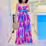Women summer sexy printed chest-wrapped off-shoulder pleated wide-leg Jumpsuit