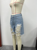 Summer Women's Denim Shorts Ripped Loose High Waist Knee-Length Shorts