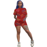 Women Sexy Letter Print Round Neck Short Sleeve Top and Shorts Two Piece Set