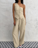 Spring Summer Linen Sleeveless Slash Shoulder Vest Wide Leg Pants Fashionable Two-Piece Set