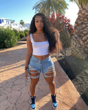 Summer Women's Denim Shorts Ripped Loose High Waist Knee-Length Shorts