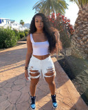 Summer Women's Denim Shorts Ripped Loose High Waist Knee-Length Shorts