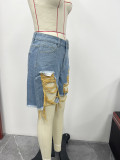 Summer Women's Denim Shorts Ripped Loose High Waist Knee-Length Shorts