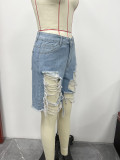Summer Women's Denim Shorts Ripped Loose High Waist Knee-Length Shorts